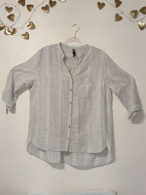 Light Gray Striped Button-Up Women's Blouse — Relaxed Fit